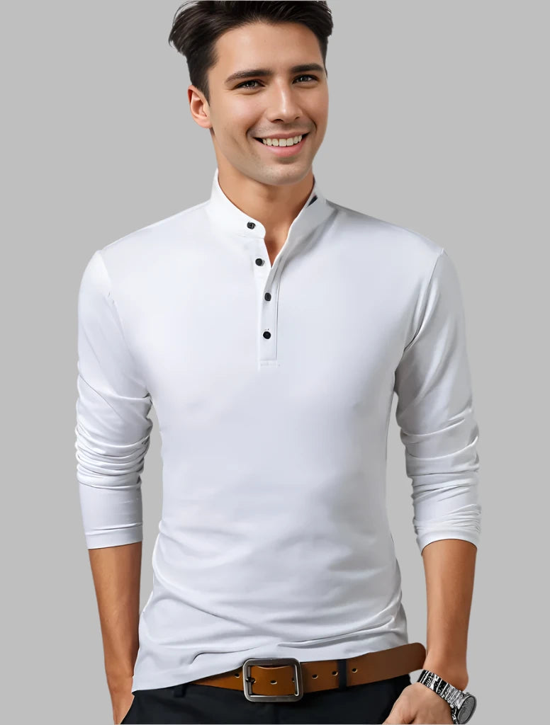 Elegantes Langarmshirt in Weiß mit Stehkragen und Knopfleiste für Herren.