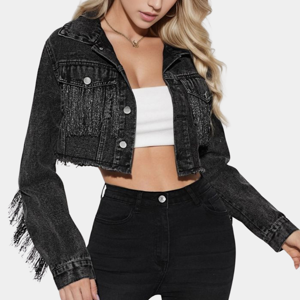 Damen Jeansjacke kurz geschnitten mit Fransen, Cropped Style