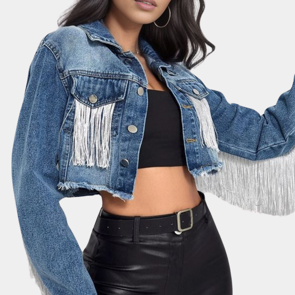 Damen Jeansjacke kurz geschnitten mit Fransen, Cropped Style