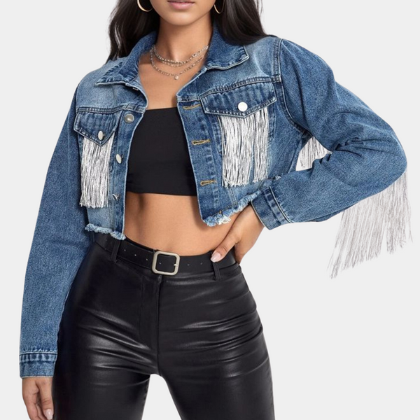 Damen Jeansjacke kurz geschnitten mit Fransen, Cropped Style