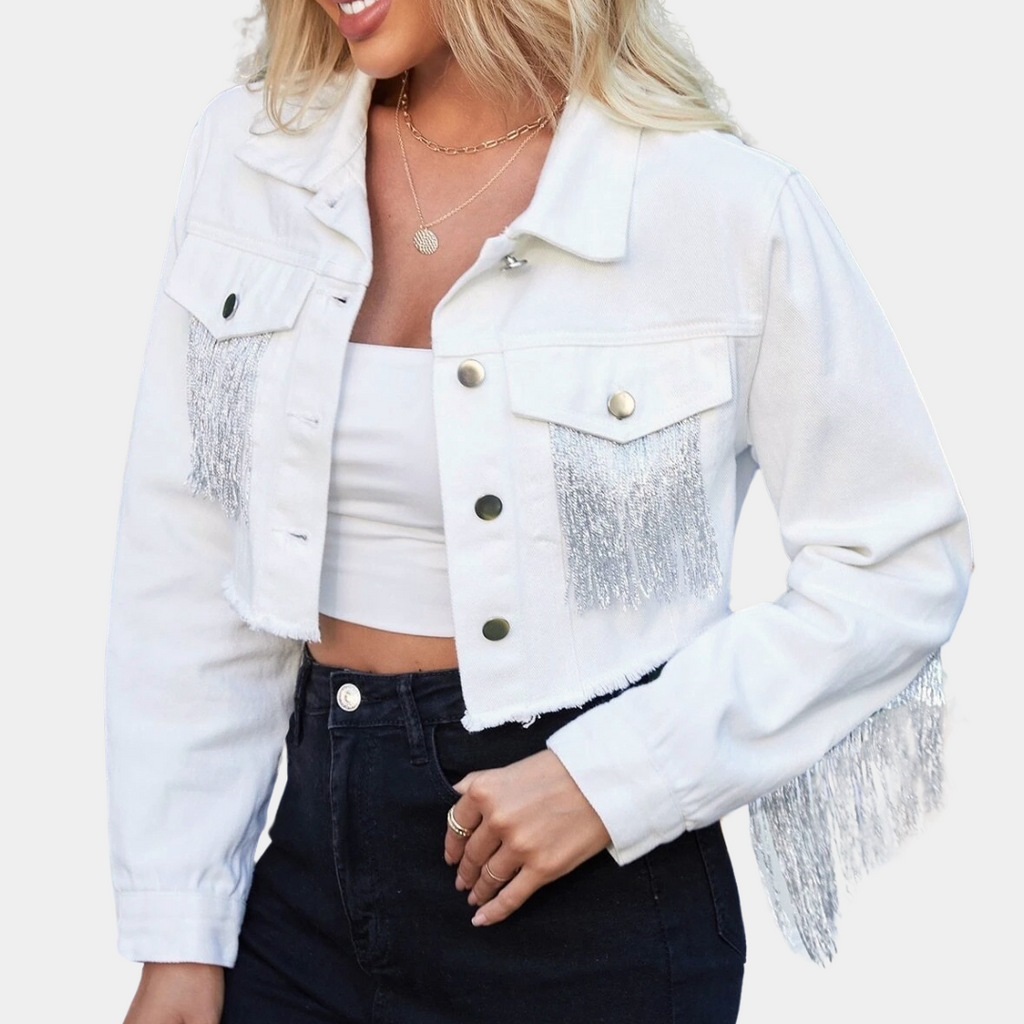 Damen Jeansjacke kurz geschnitten mit Fransen, Cropped Style