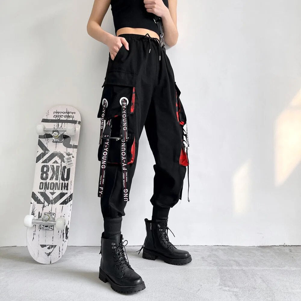 Schwarz Streetwear Cargohose mit Trägern
