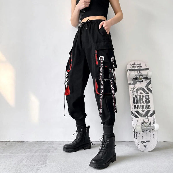 Schwarz Streetwear Cargohose mit Trägern